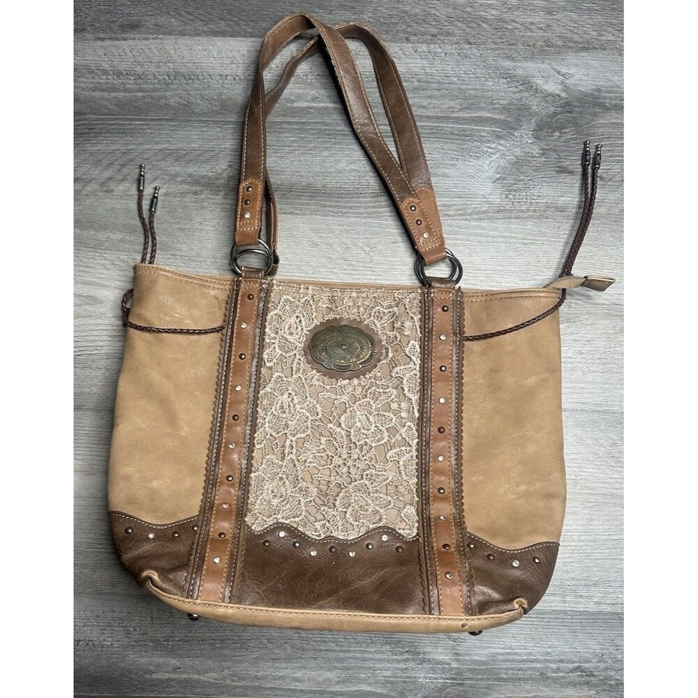 Justin Concealed Carry Tote Bag Western Vegan Leather Lace Brown Cowgirl - Picture 1 of 9